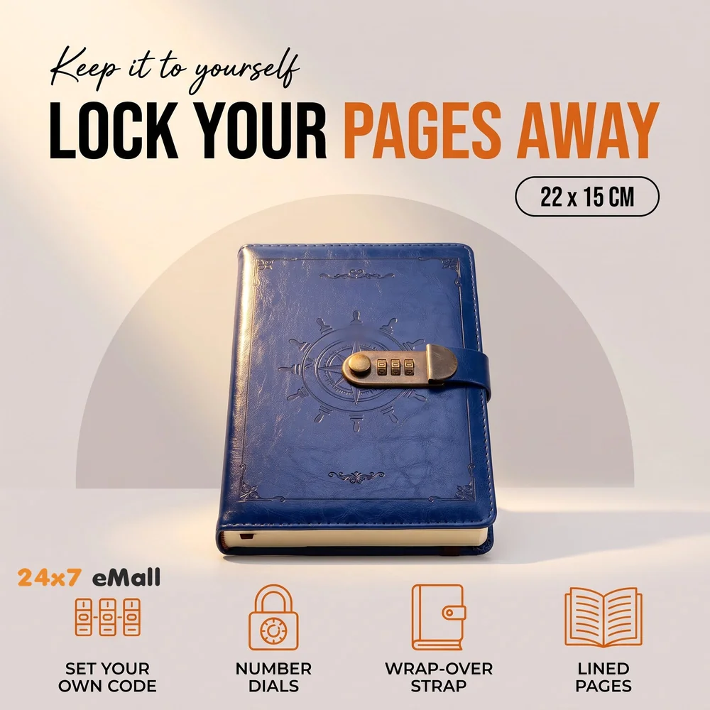 Novelty Diary Notebook with Number Combination Lock & PU Leather Cover Secret Lock Diary (22x15 cm, 230 Pages) (Blue)