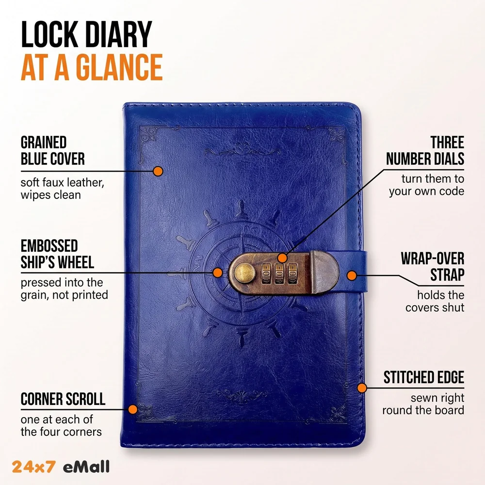 Novelty Diary Notebook with Number Combination Lock & PU Leather Cover Secret Lock Diary (22x15 cm, 230 Pages) (Blue)