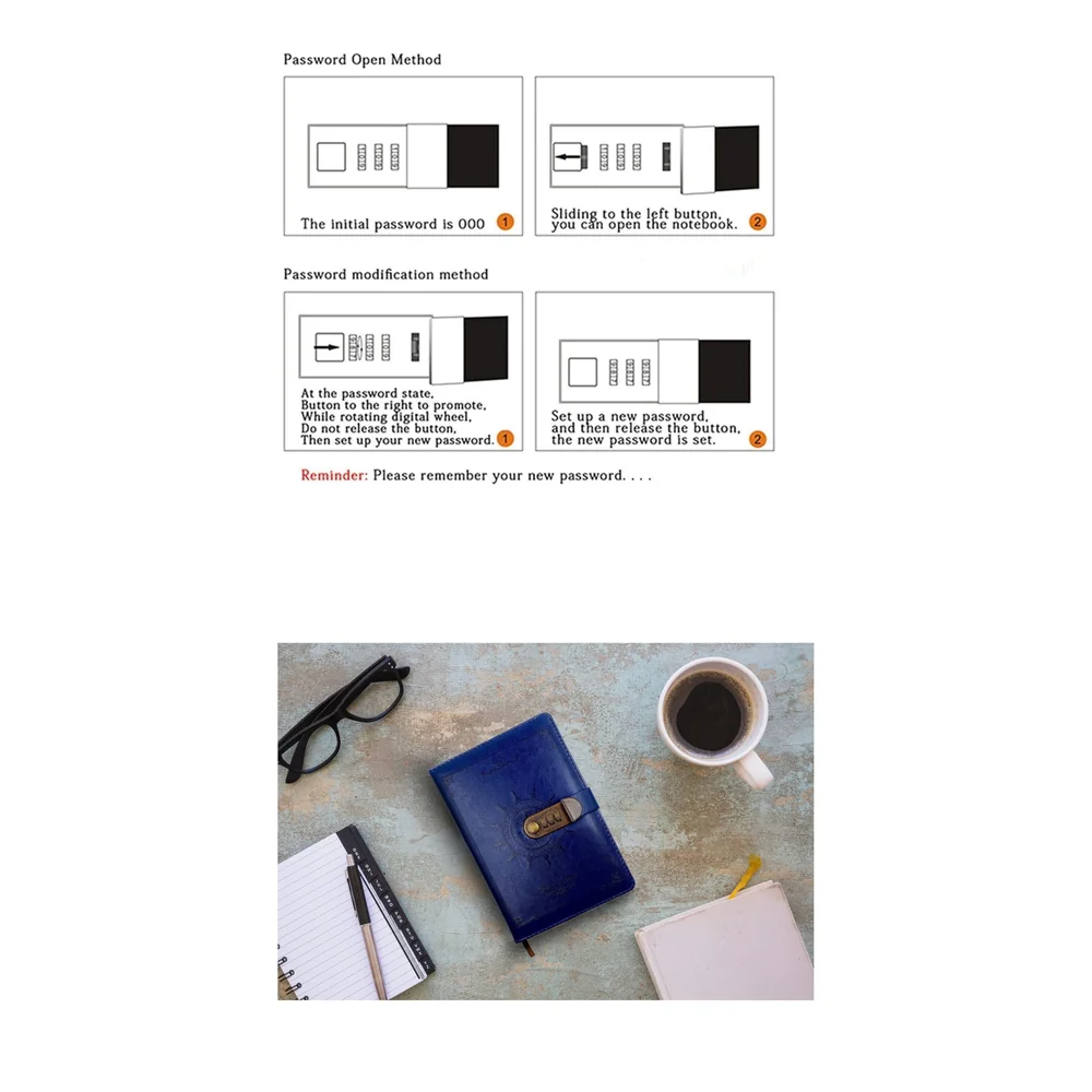 Novelty Diary Notebook with Number Combination Lock & PU Leather Cover Secret Lock Diary (22x15 cm, 230 Pages) (Blue)