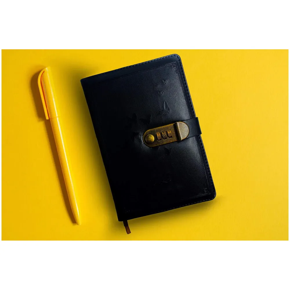 Novelty Diary Notebook with Number Combination Lock & PU Leather Cover Secret Lock Diary (22x15 cm, 230 Pages) (Black2)
