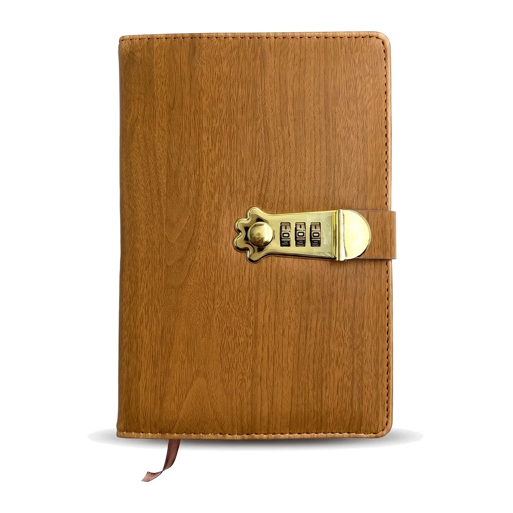 Lock Diary Notebook with Number Lock Combination PU Leather Wood Design Cover 22x15 cm, 230 Pages