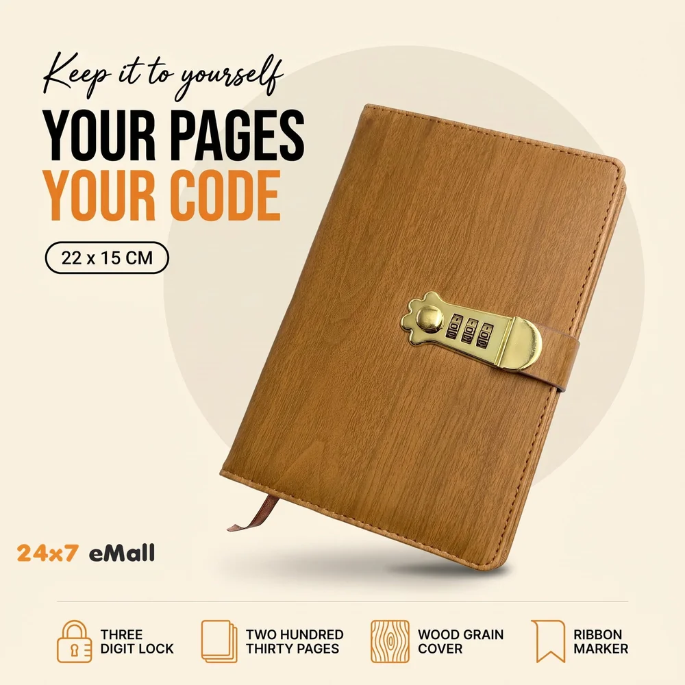 Lock Diary Notebook with Number Lock Combination PU Leather Wood Design Cover 22x15 cm, 230 Pages