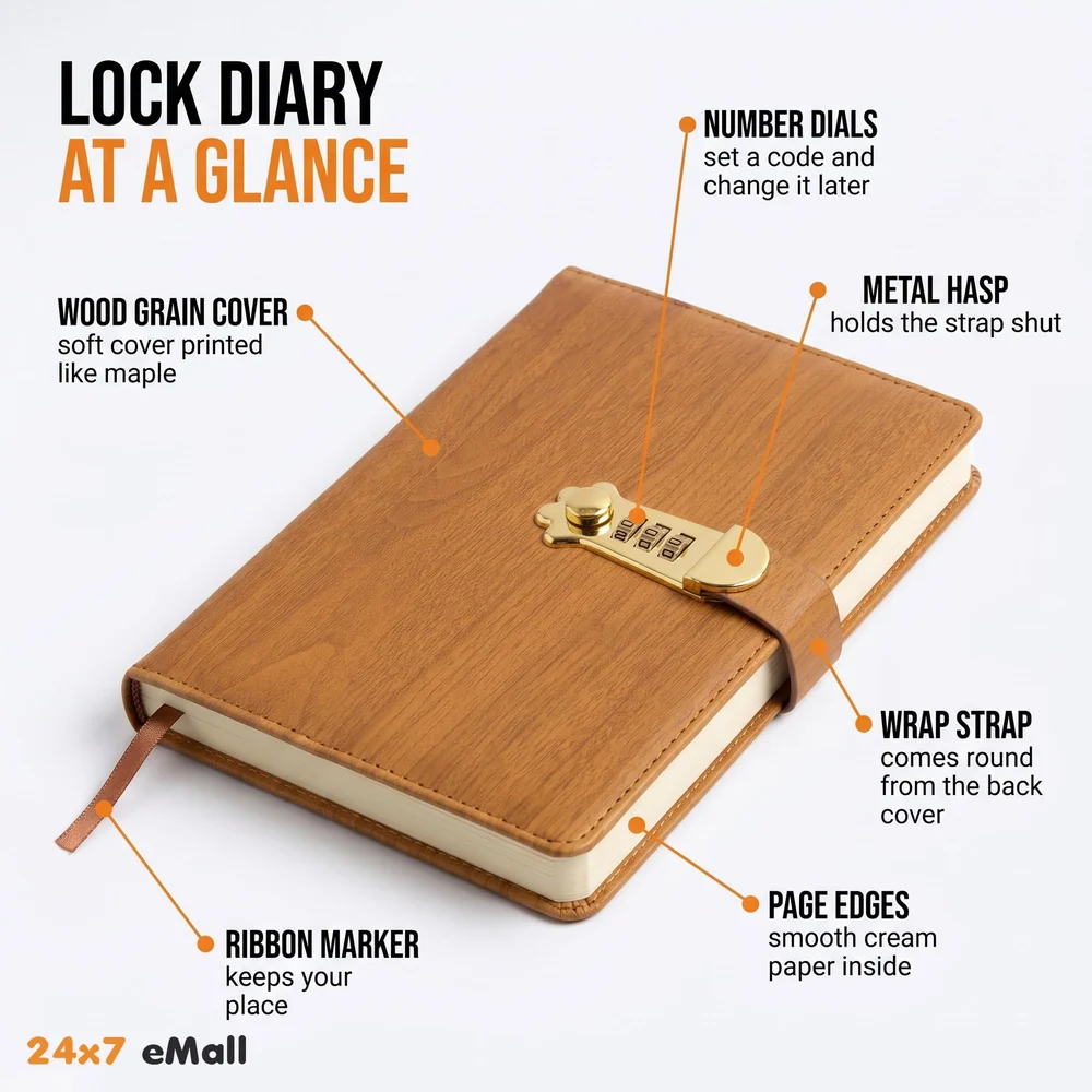 Lock Diary Notebook with Number Lock Combination PU Leather Wood Design Cover 22x15 cm, 230 Pages