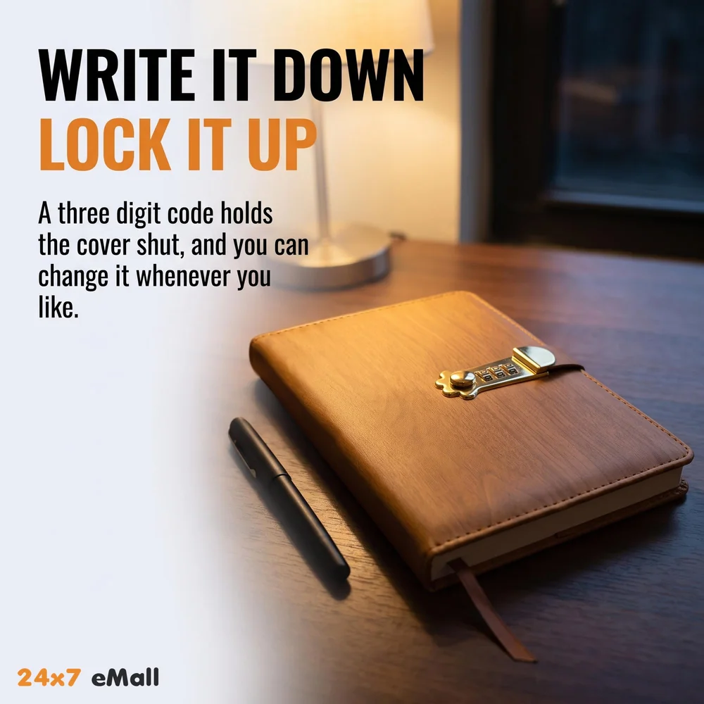 Lock Diary Notebook with Number Lock Combination PU Leather Wood Design Cover 22x15 cm, 230 Pages