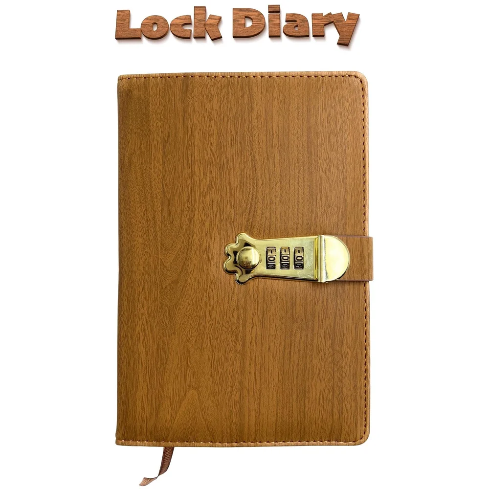 Lock Diary Notebook with Number Lock Combination PU Leather Wood Design Cover 22x15 cm, 230 Pages