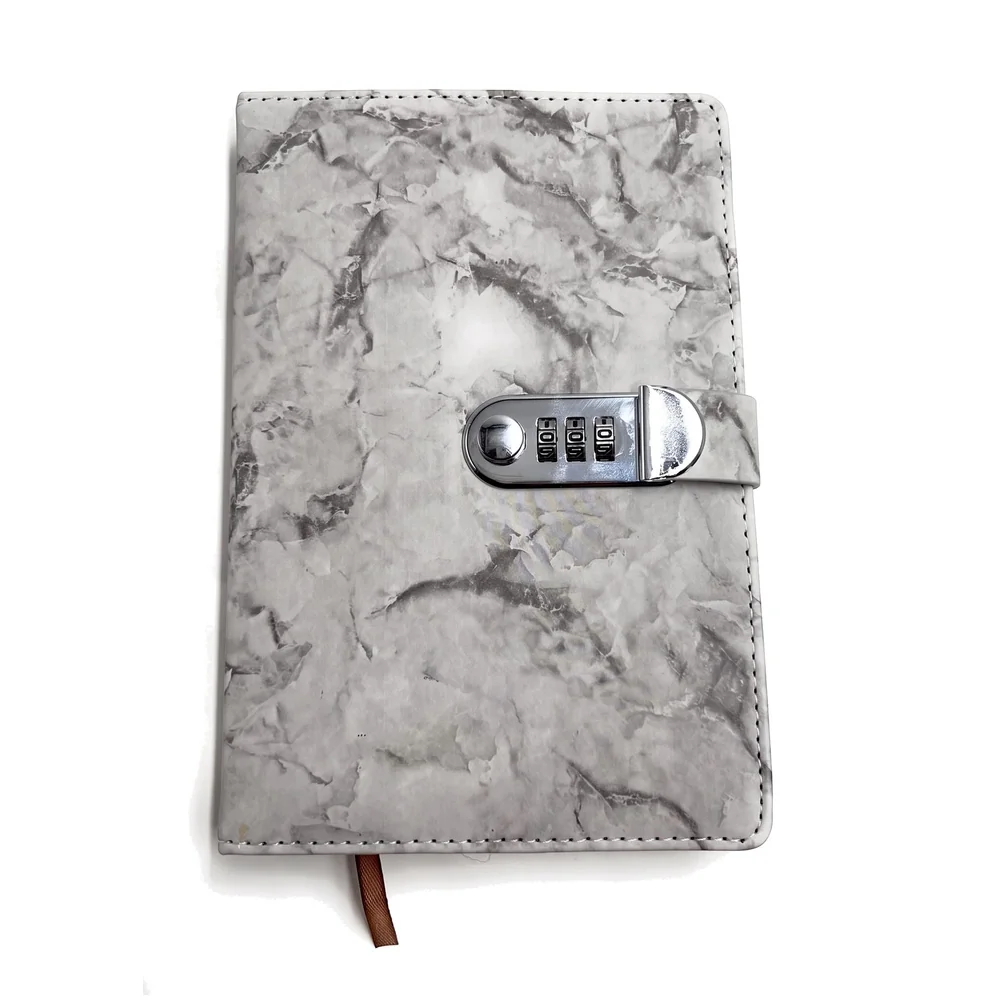Lock Diary Notebook with Number Lock Combination PU Leather Grey Marble Design Cover 22x15 cm, 230 Pages