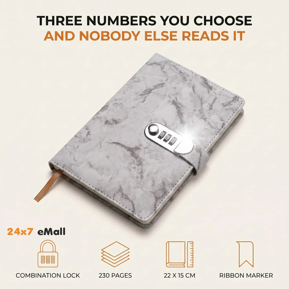 Lock Diary Notebook with Number Lock Combination PU Leather Grey Marble Design Cover 22x15 cm, 230 Pages