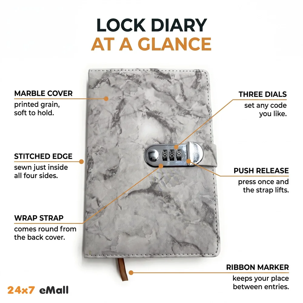 Lock Diary Notebook with Number Lock Combination PU Leather Grey Marble Design Cover 22x15 cm, 230 Pages