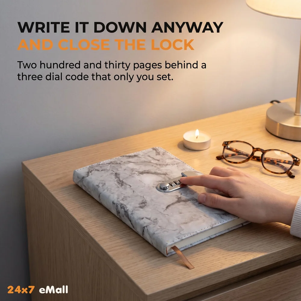 Lock Diary Notebook with Number Lock Combination PU Leather Grey Marble Design Cover 22x15 cm, 230 Pages