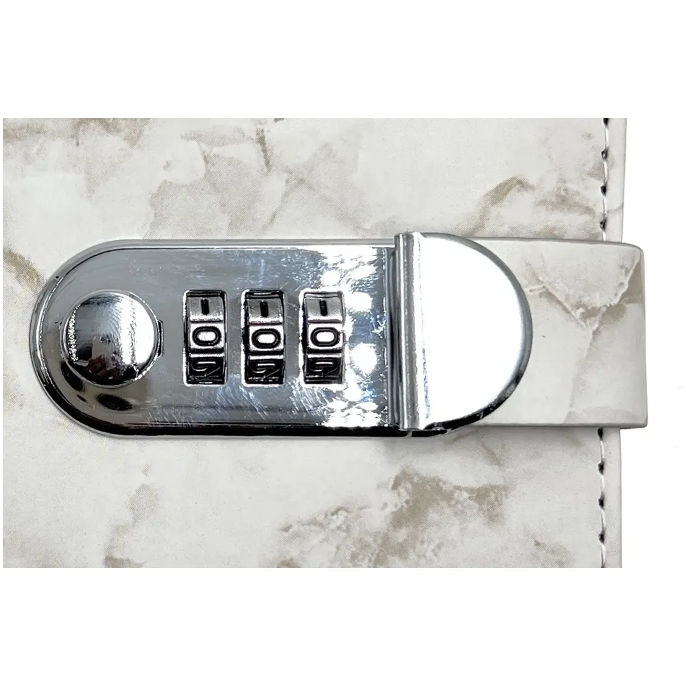 Lock Diary Notebook with Number Lock Combination PU Leather White Marble Design Cover 22x15 cm, 230 Pages