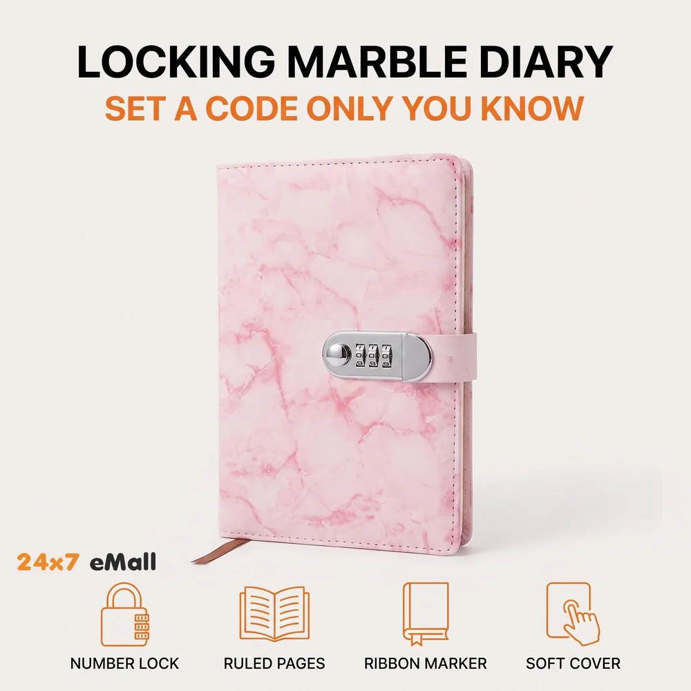 Lock Diary Notebook with Number Lock Combination PU Leather Pink Marble Design Cover 22x15 cm, 230 Pages