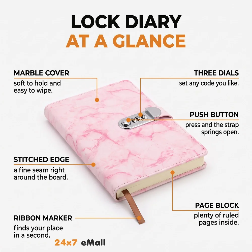 Lock Diary Notebook with Number Lock Combination PU Leather Pink Marble Design Cover 22x15 cm, 230 Pages