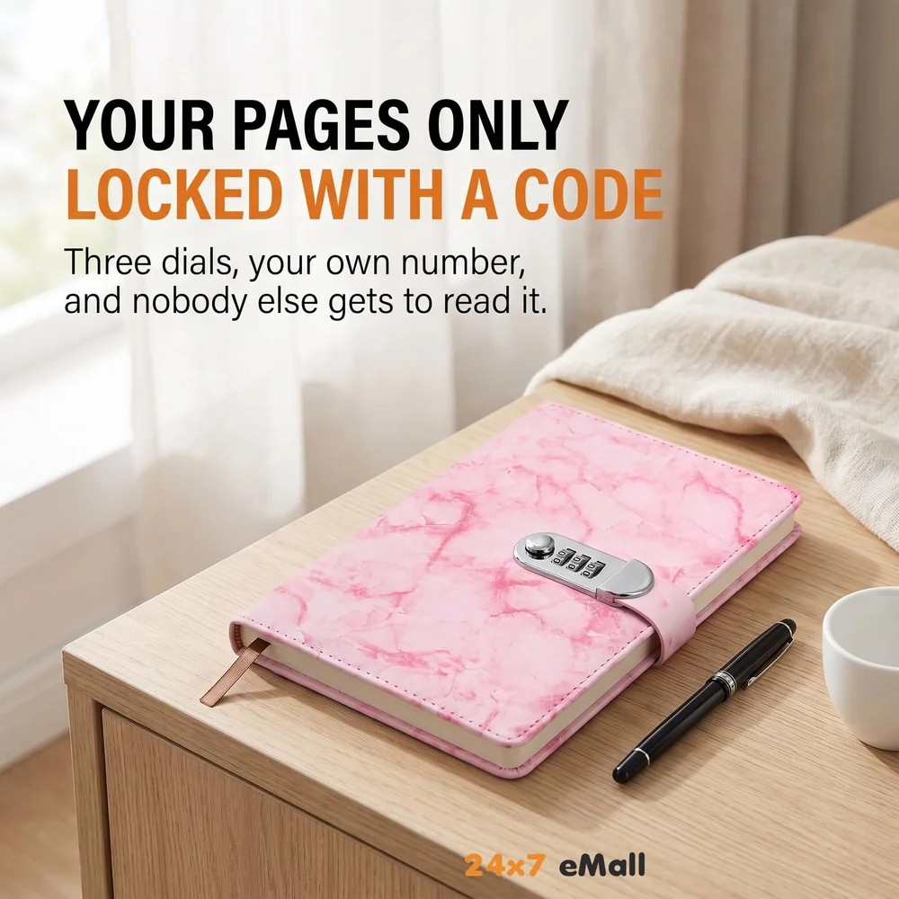 Lock Diary Notebook with Number Lock Combination PU Leather Pink Marble Design Cover 22x15 cm, 230 Pages