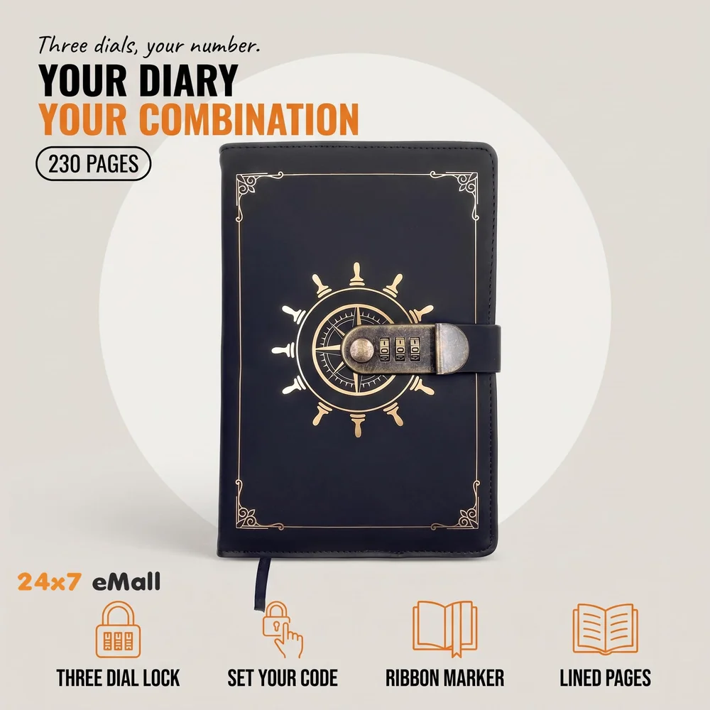 Novelty Diary Notebook with Number Combination Lock & PU Leather Cover Secret Lock Diary (22x15 cm, 230 Pages) (Black Gold)