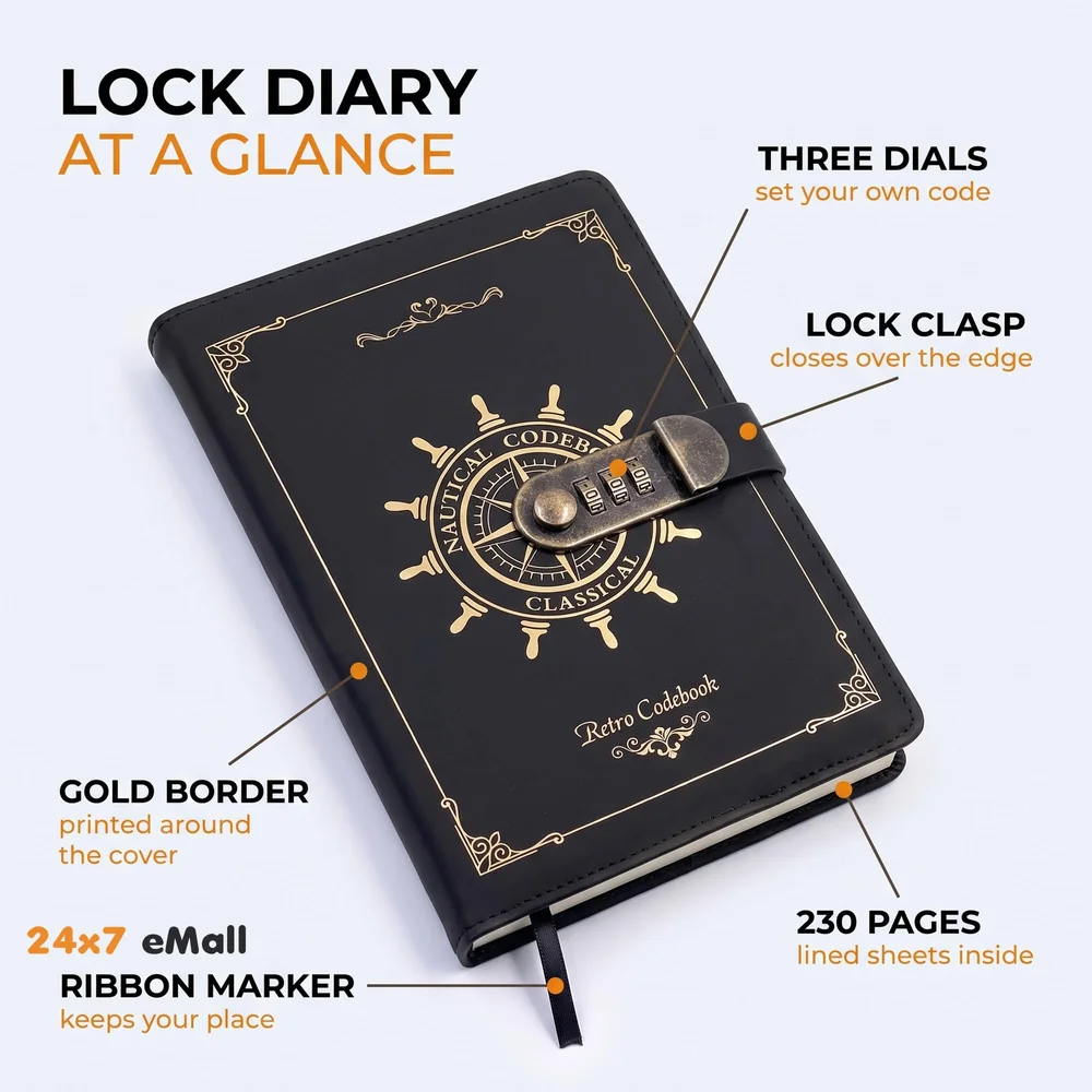 Novelty Diary Notebook with Number Combination Lock & PU Leather Cover Secret Lock Diary (22x15 cm, 230 Pages) (Black Gold)