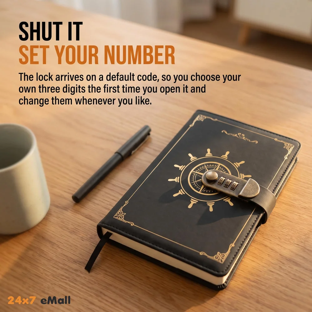 Novelty Diary Notebook with Number Combination Lock & PU Leather Cover Secret Lock Diary (22x15 cm, 230 Pages) (Black Gold)