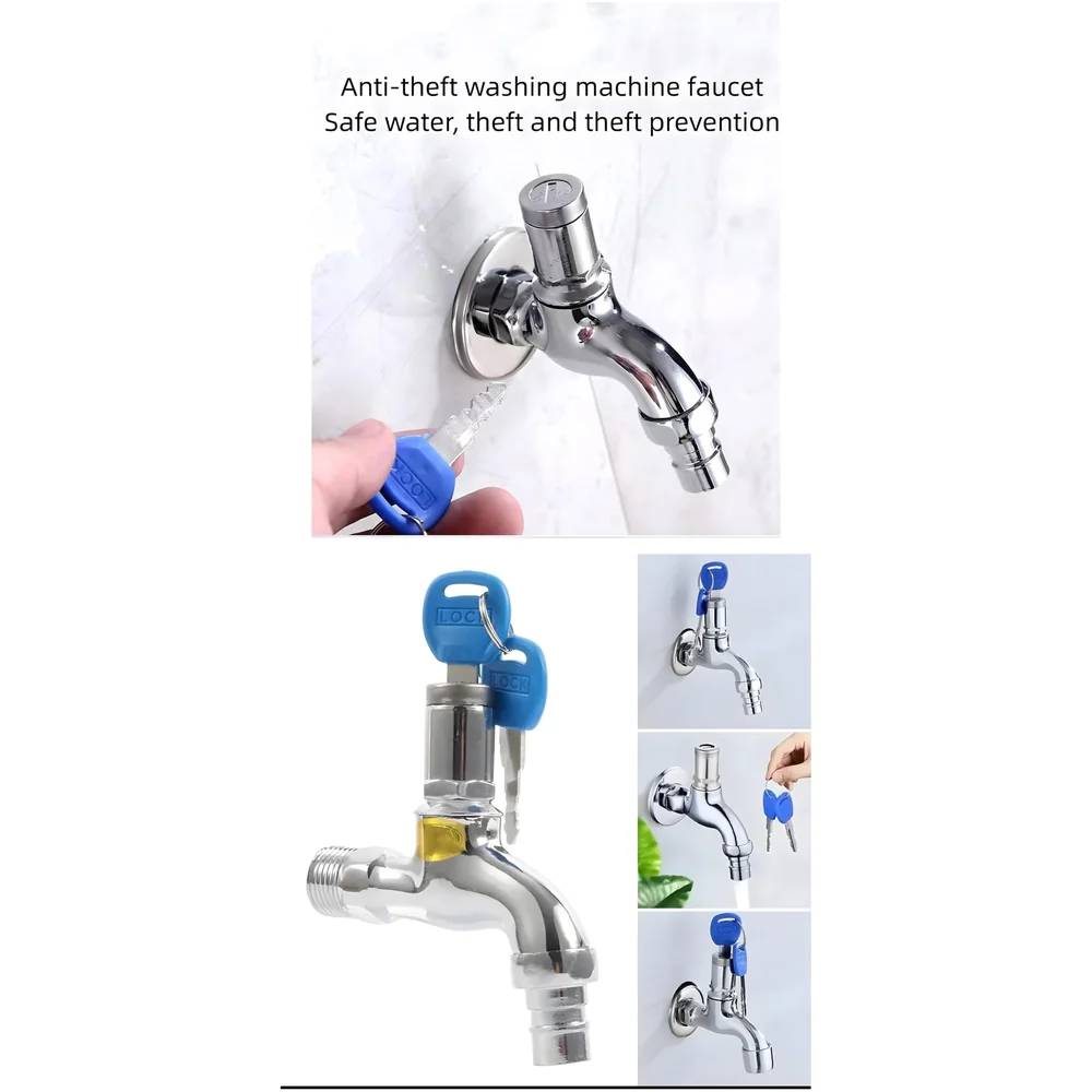 Stainless Steel Tap with Lock and Key Lock Tap, 1/2" Thread Water Lockable Polished Faucet, Faucet Locks Outdoor, Garden Tap, Home Outdoor Garden Tool., Silver