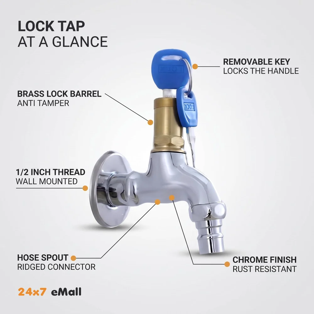 Stainless Steel Tap with Lock and Key Lock Tap, 1/2" Thread Water Lockable Polished Faucet, Faucet Locks Outdoor, Garden Tap, Home Outdoor Garden Tool., Silver