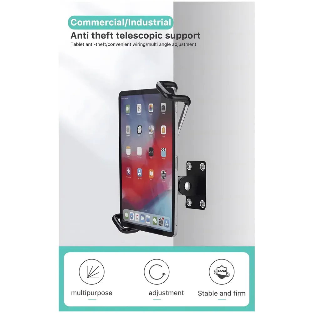 Tablet Holder Wall Mount Bracket with Lock and Key Locakable Aluminium Adjustable Clam for Upto 13 Inch Tablets Swivel for Commerical Shops Schools Gyms Cafes Anti-Theft