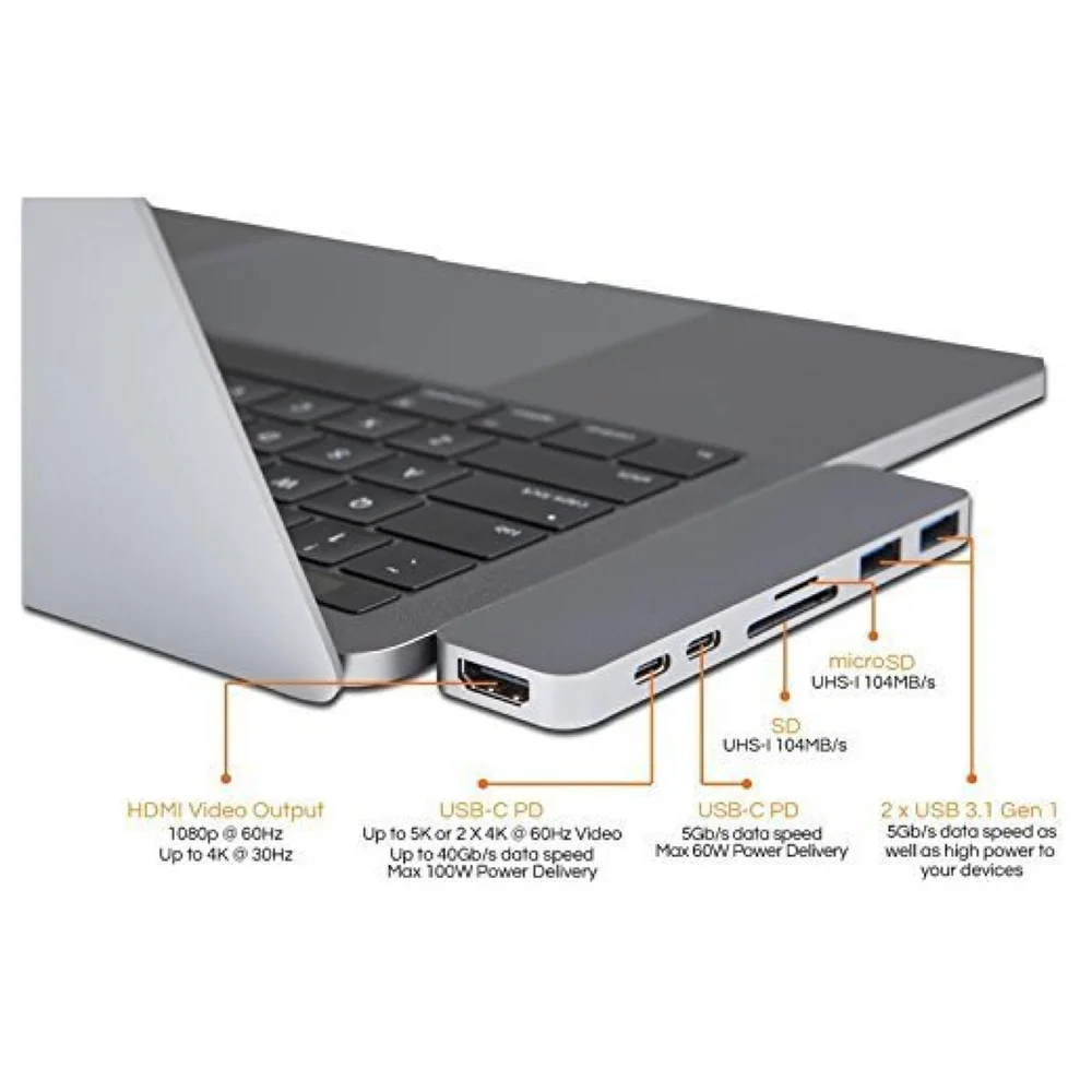 Ultra 7-In-1 USB 3.1 Type C Hub for Macbook Pro 2016/2017 (Silver)