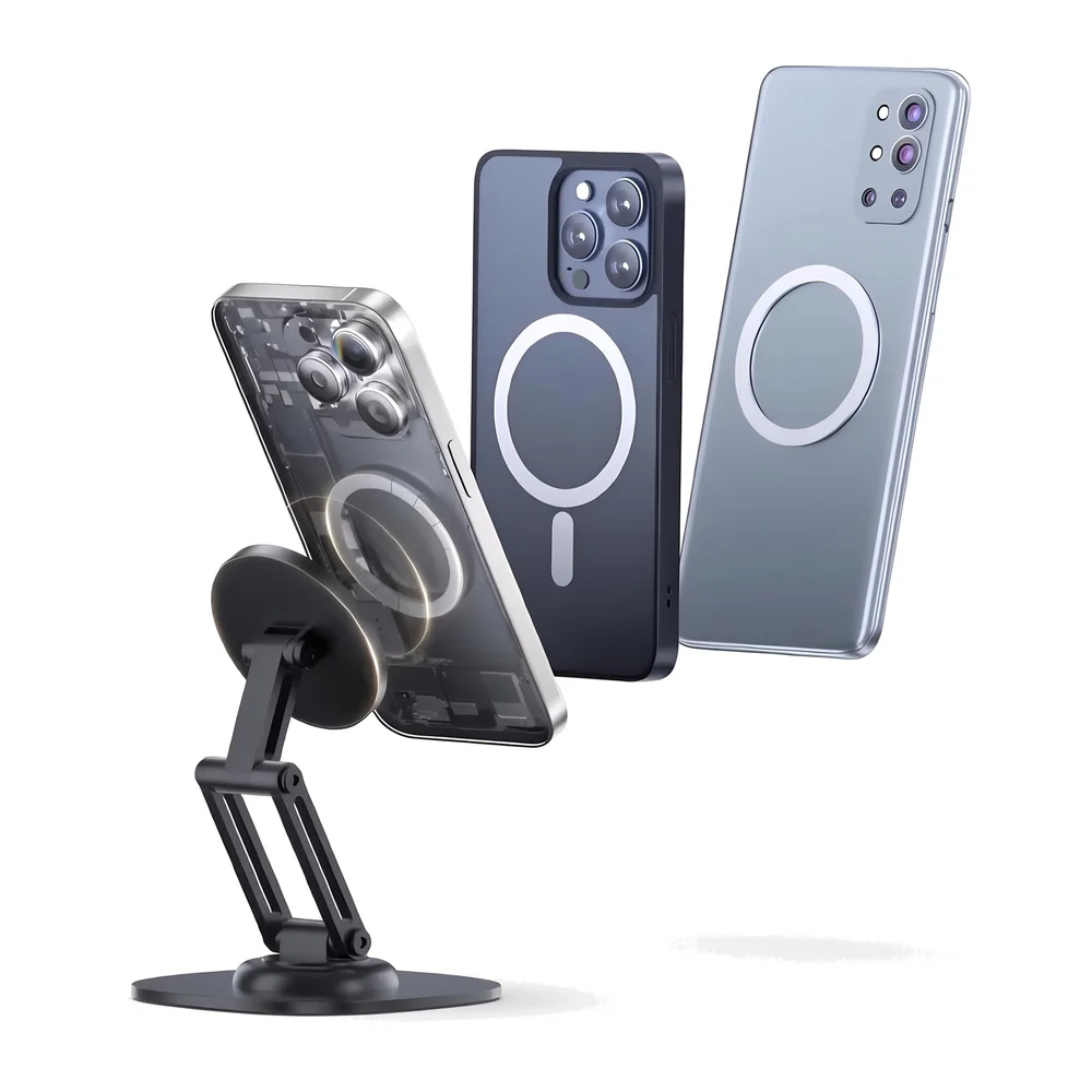 Magnetic Phone Stand Holder for Desk with Extra Magnet Rings, Sturdy and Stable, 360 Degree rotatable, Flexible 3 Angle Adjustments 10.8cm x 7.8cm x 9.6cm Metal Design, NOT A Charger