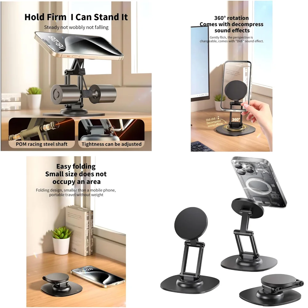 Magnetic Phone Stand Holder for Desk with Extra Magnet Rings, Sturdy and Stable, 360 Degree rotatable, Flexible 3 Angle Adjustments 10.8cm x 7.8cm x 9.6cm Metal Design, NOT A Charger