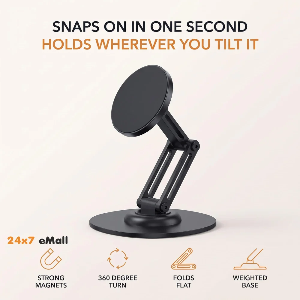 Magnetic Phone Stand Holder for Desk with Extra Magnet Rings, Sturdy and Stable, 360 Degree rotatable, Flexible 3 Angle Adjustments 10.8cm x 7.8cm x 9.6cm Metal Design, NOT A Charger