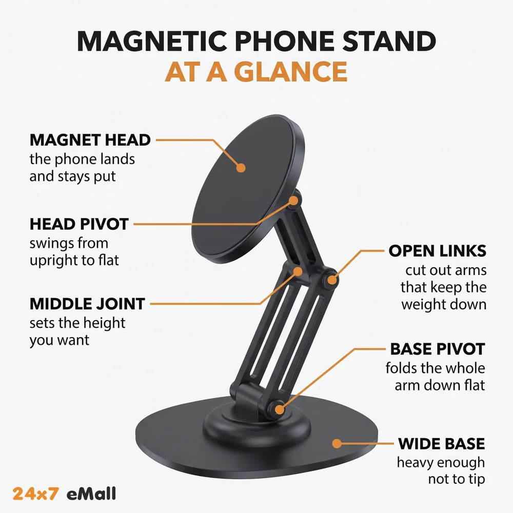 Magnetic Phone Stand Holder for Desk with Extra Magnet Rings, Sturdy and Stable, 360 Degree rotatable, Flexible 3 Angle Adjustments 10.8cm x 7.8cm x 9.6cm Metal Design, NOT A Charger