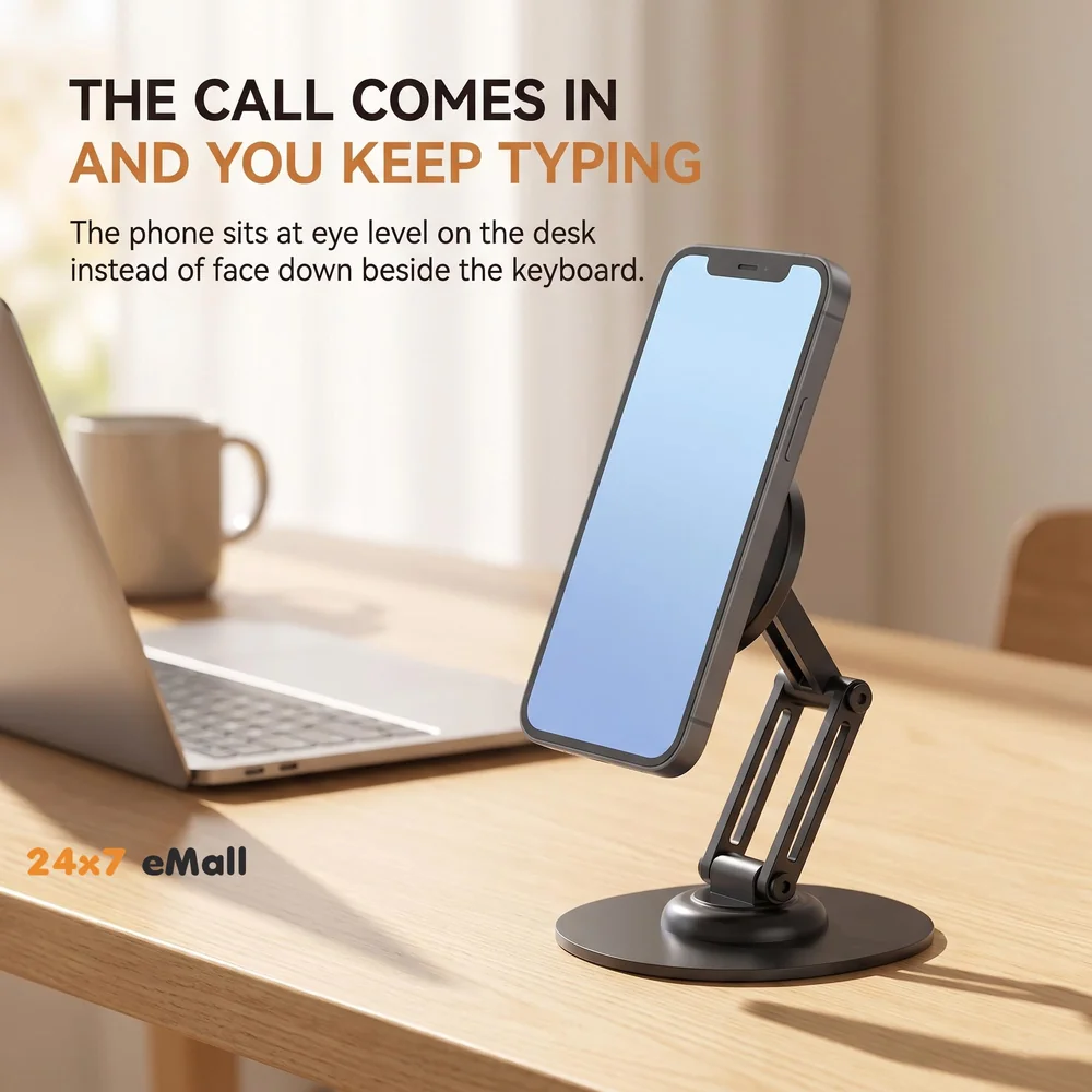 Magnetic Phone Stand Holder for Desk with Extra Magnet Rings, Sturdy and Stable, 360 Degree rotatable, Flexible 3 Angle Adjustments 10.8cm x 7.8cm x 9.6cm Metal Design, NOT A Charger