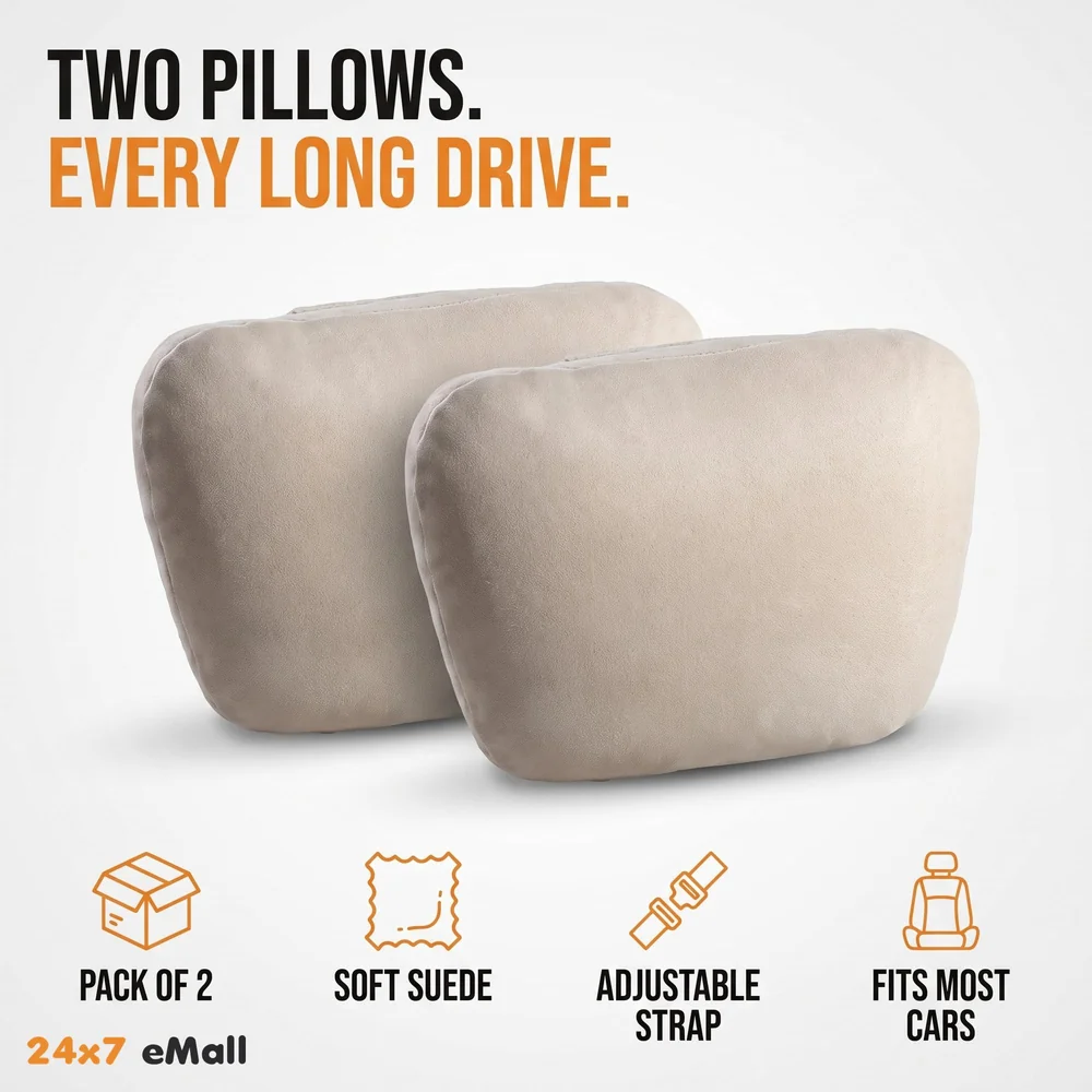 2pc Universal Car Soft Pillow Compatible with Mercedes Benz Maybach and All Other Cars Premium Suede Material Luxurious Headrest Ultra S Class Type Cushion Pack of 2 (Beige)