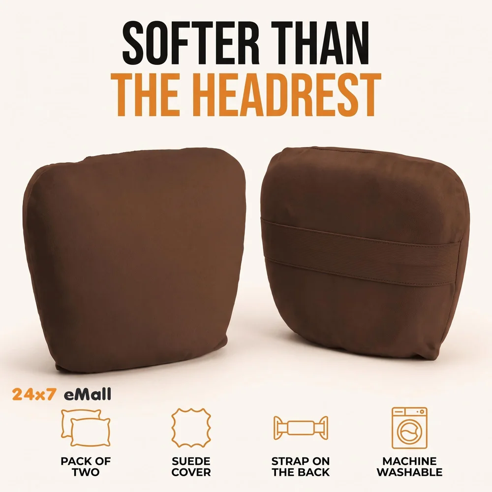 2pc Universal Car Headrest Ultra Soft Pillow Compatible with Mercedes Benz Maybach and All Other Cars Premium Suede Material Luxurious S Class Type Cushion Pack of 2 (Chocolate)