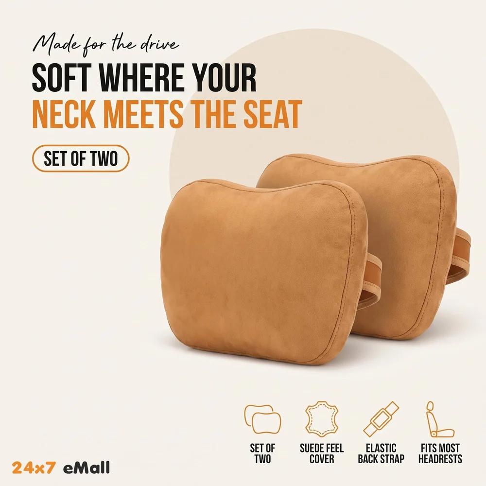 2pc Universal Car Soft Pillow Compatible with Mercedes Benz Maybach and All Other Cars Premium Suede Material Luxurious Headrest Ultra S Class Type Cushion Pack of 2 (Tan)