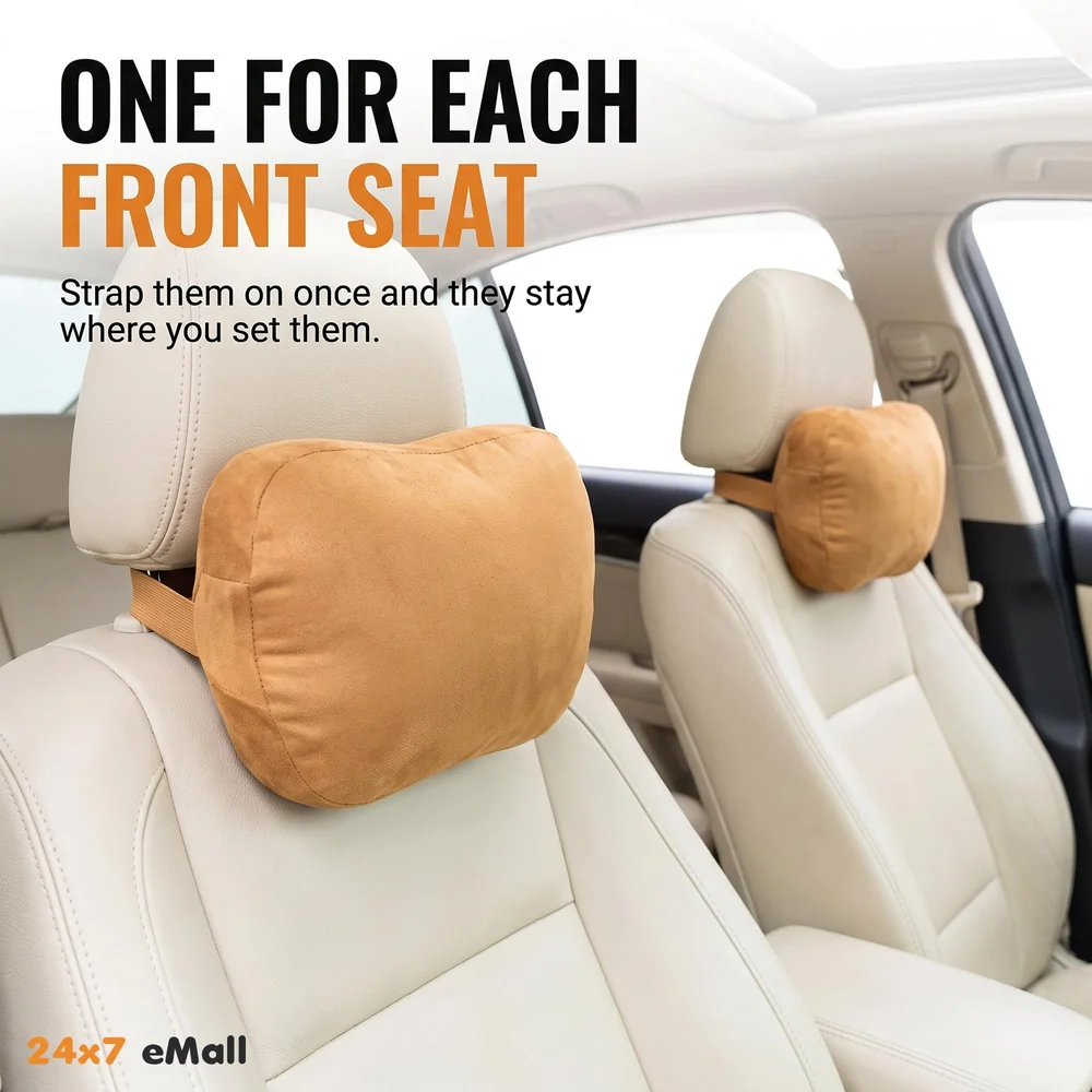 2pc Universal Car Soft Pillow Compatible with Mercedes Benz Maybach and All Other Cars Premium Suede Material Luxurious Headrest Ultra S Class Type Cushion Pack of 2 (Tan)