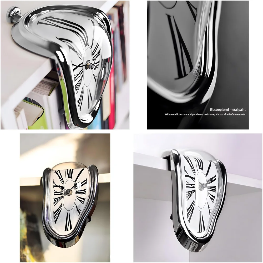 Melting Clock for Desk Shelf Home Decor Office Melted Design Decorative wall Clock - 4.5" W x 7" H - Silver - Analog Roman Numberics