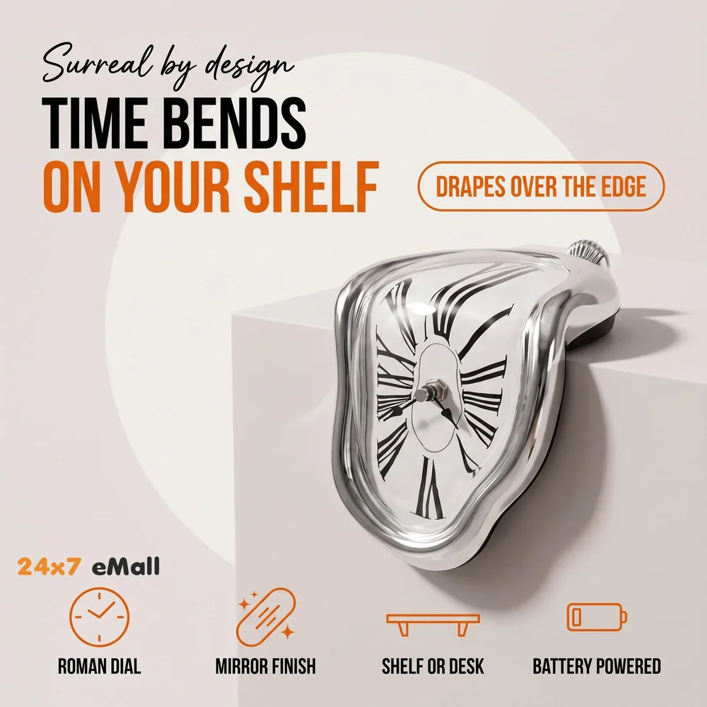 Melting Clock for Desk Shelf Home Decor Office Melted Design Decorative wall Clock - 4.5" W x 7" H - Silver - Analog Roman Numberics