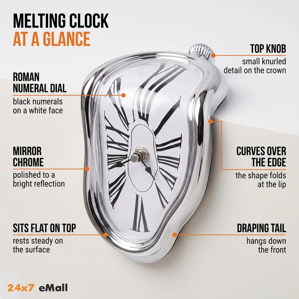 Melting Clock for Desk Shelf Home Decor Office Melted Design Decorative wall Clock - 4.5" W x 7" H - Silver - Analog Roman Numberics