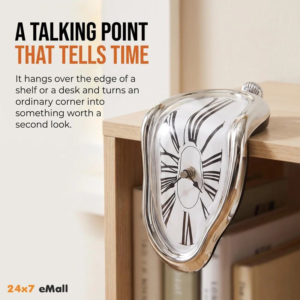 Melting Clock for Desk Shelf Home Decor Office Melted Design Decorative wall Clock - 4.5" W x 7" H - Silver - Analog Roman Numberics