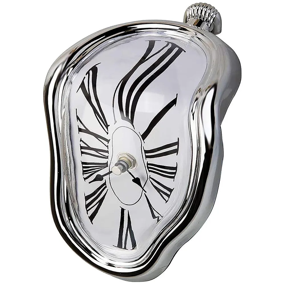 Melting Clock for Desk Shelf Home Decor Office Melted Design Decorative Wall Clock - 4.5" W x 7" H - Silver - Analog Roman Numberics