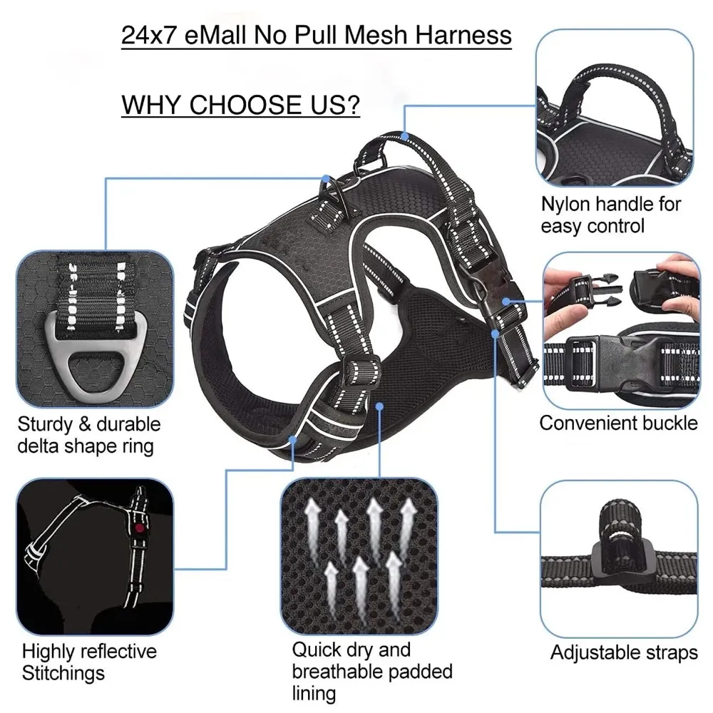 No Pull Dog Harness Mesh Breathable Adjustable Reflective Oxford Easy Control Comfortable Harness. (Black, L (18-26 Inch Girth))