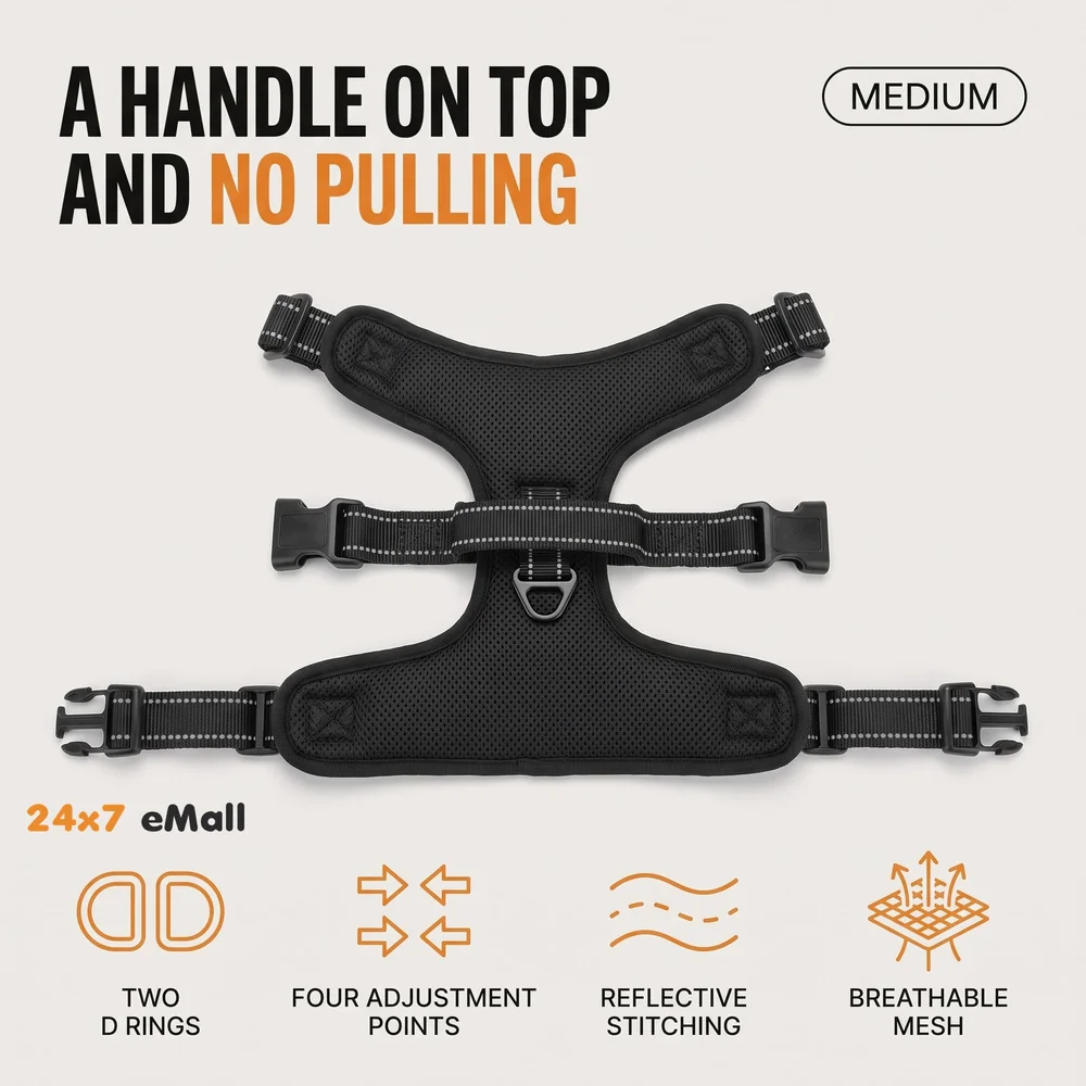 No Pull Dog Harness Mesh Breathable Adjustable Reflective Oxford Easy Control Comfortable Harness. (Black, Medium (15-21 Inch Girth))