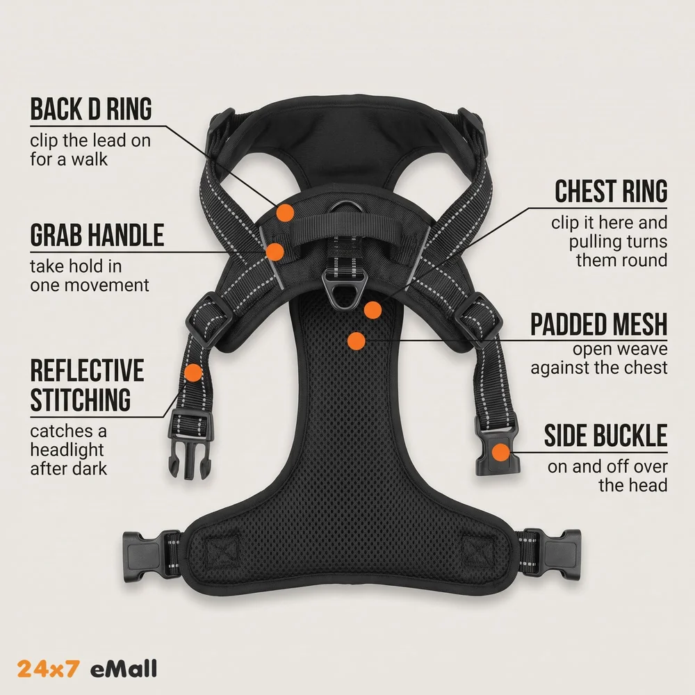 No Pull Dog Harness Mesh Breathable Adjustable Reflective Oxford Easy Control Comfortable Harness. (Black, Medium (15-21 Inch Girth))
