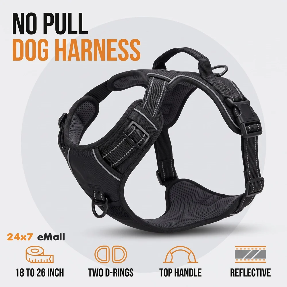 No Pull Dog Harness Mesh Breathable Adjustable Reflective Oxford Easy Control Comfortable Harness. (Black, Large (18-26 Inch Girth))