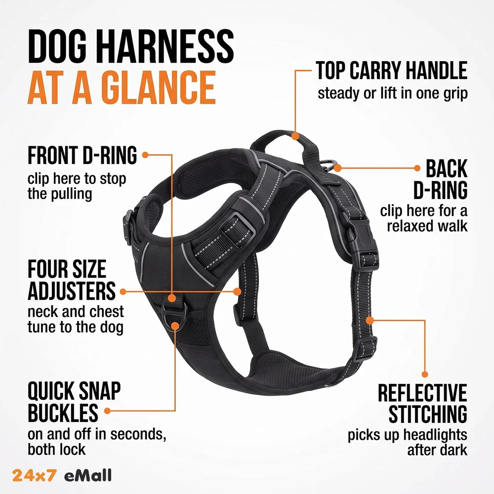 No Pull Dog Harness Mesh Breathable Adjustable Reflective Oxford Easy Control Comfortable Harness. (Black, Large (18-26 Inch Girth))