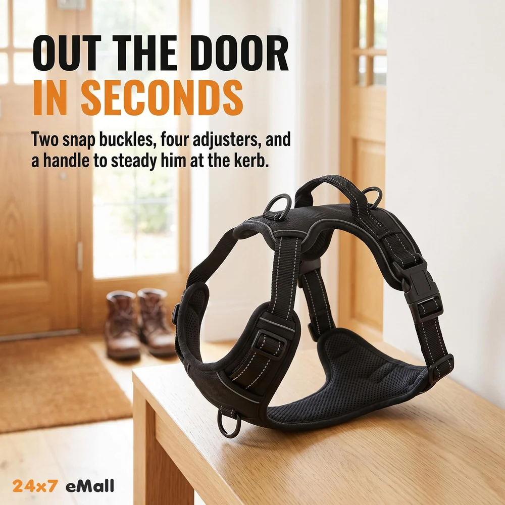 No Pull Dog Harness Mesh Breathable Adjustable Reflective Oxford Easy Control Comfortable Harness. (Black, Large (18-26 Inch Girth))