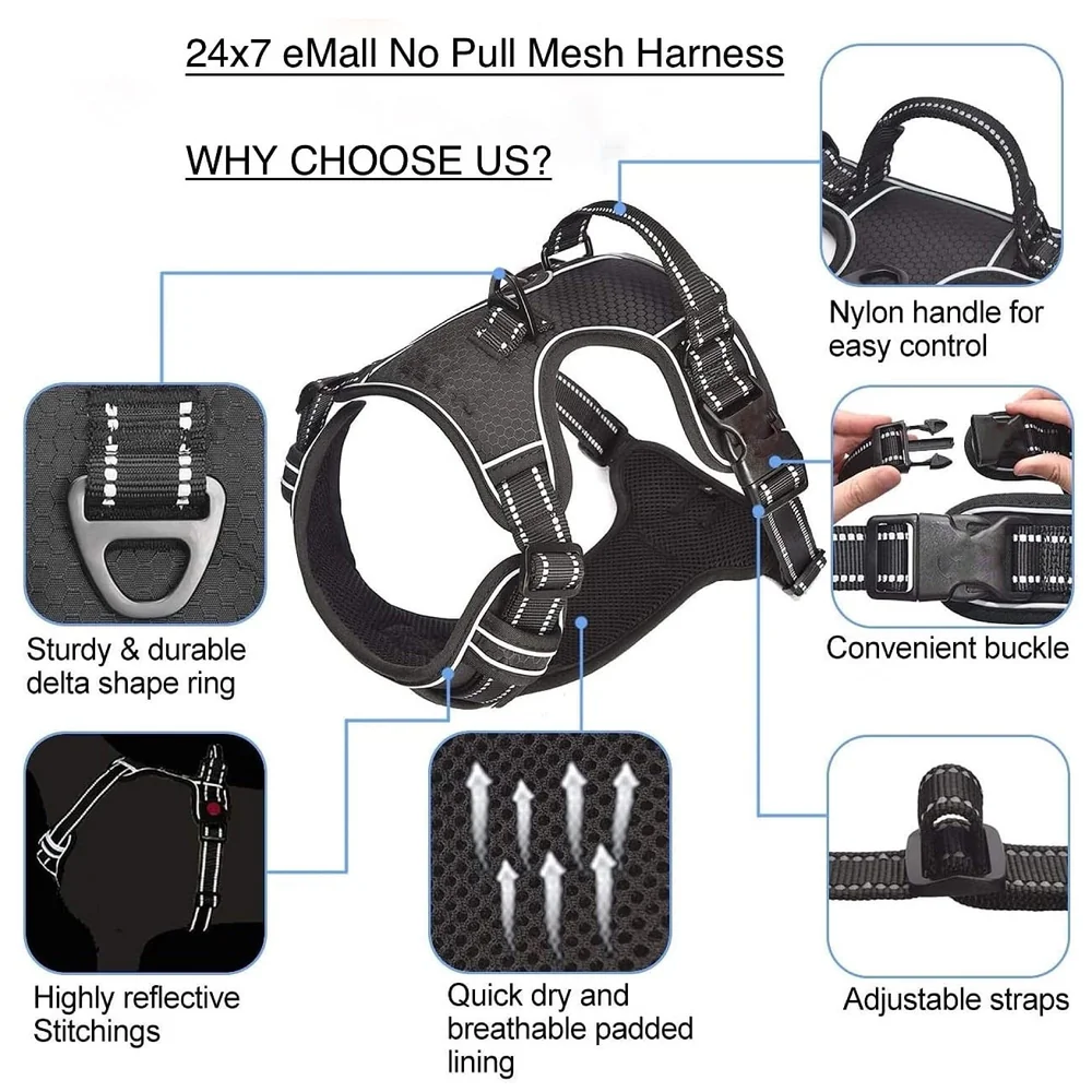No Pull Dog Harness Mesh Breathable Adjustable Reflective Oxford Easy Control Comfortable Harness. (Black, Large (18-26 Inch Girth))
