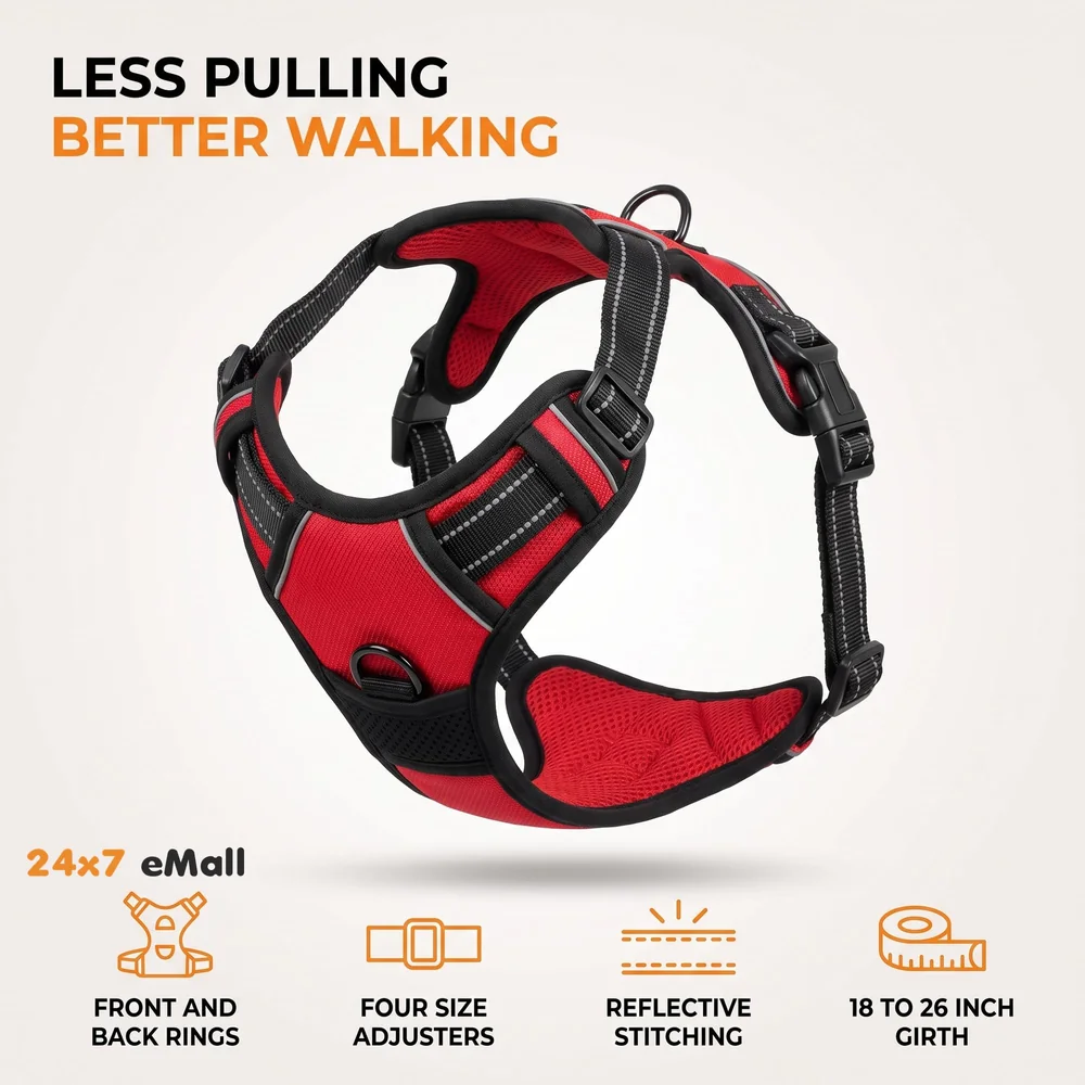 Red No Pull Dog Harness Mesh Breathable Adjustable Reflective Oxford Easy Control Comfortable Harness. Red Large 18-26 Inch Girth