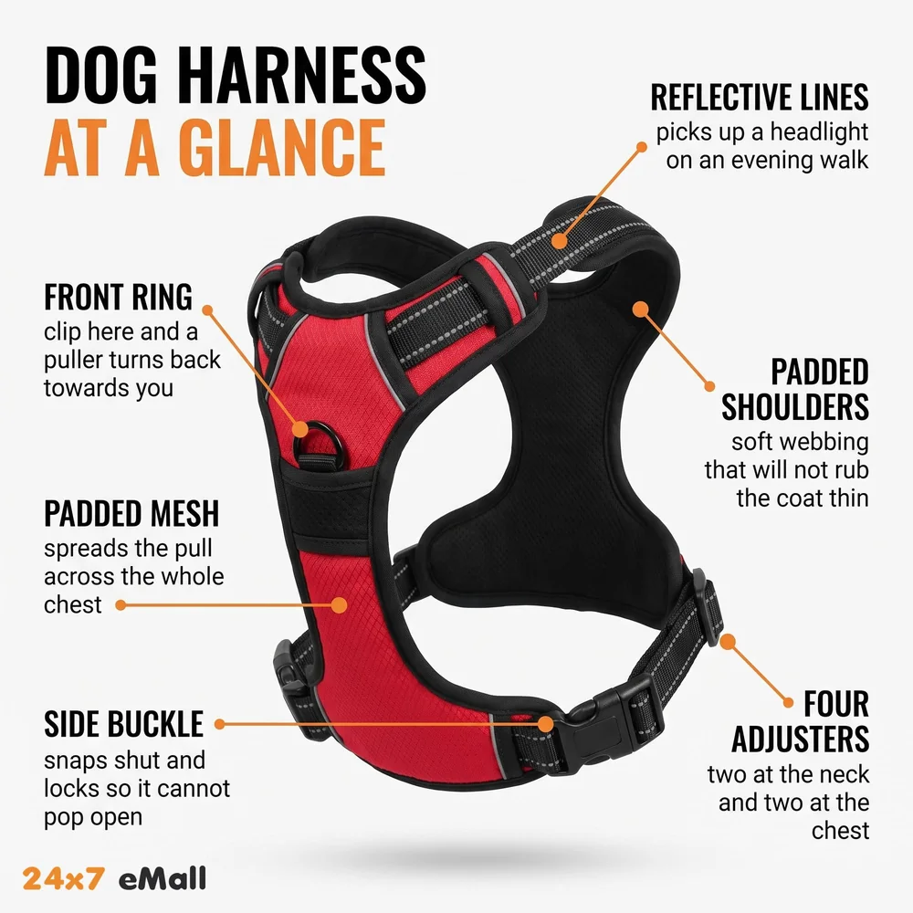 Red No Pull Dog Harness Mesh Breathable Adjustable Reflective Oxford Easy Control Comfortable Harness. Red Large 18-26 Inch Girth