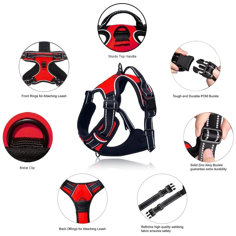 Red No Pull Dog Harness Mesh Breathable Adjustable Reflective Oxford Easy Control Comfortable Harness. Red Large 18-26 Inch Girth