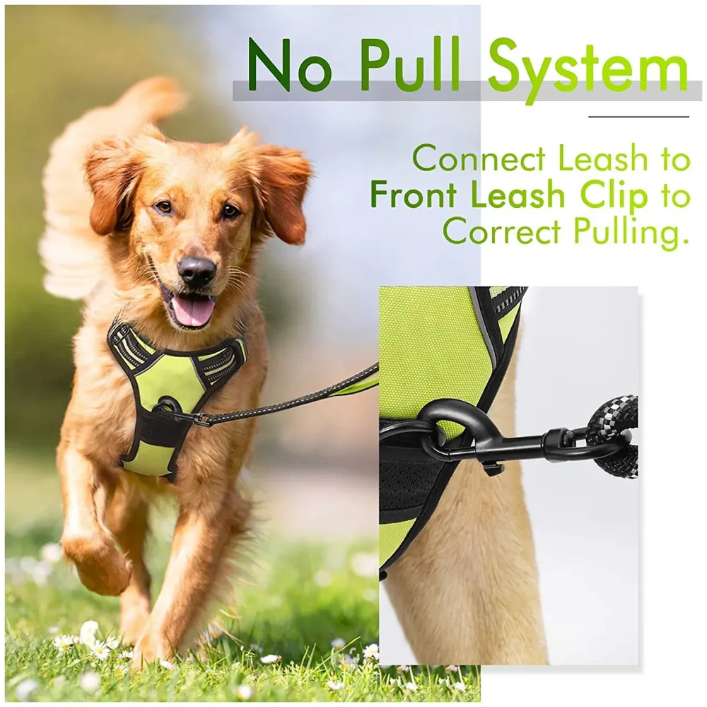 Combo Harness and Leash Green No Pull Dog Harness Mesh Breathable Adjustable Reflective Oxford Easy Control Comfortable Harness. Large 18-26 Inch Girth