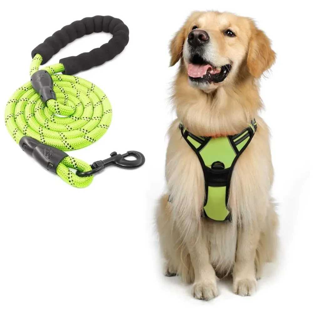 Combo Harness and Leash Green No Pull Dog Harness Mesh Breathable Adjustable Reflective Oxford Easy Control Comfortable Harness. Large 18-26 Inch Girth